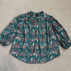 Cynthia Rowley Green Floral Ruffle Neck Blouse Size 1X Bohemian Office Feminine